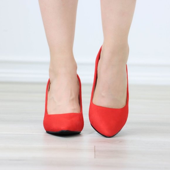 Classic Block High Heel Slip On Pointed Toe Pumps Red Suede - Picture 7 of 12